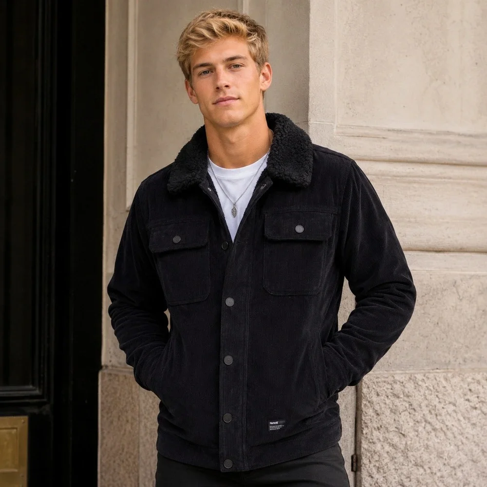 Men's Hurley Black Corduroy‎ Sherpa Collar Jacket S